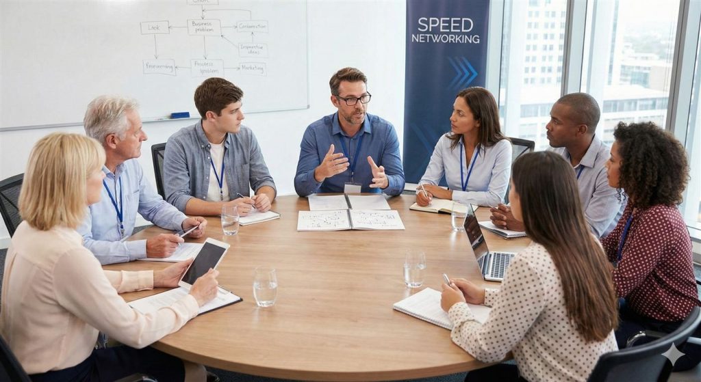 Business professionals engaged in roundtable discussion at Koi Pond networking event in Rexburg, Idaho